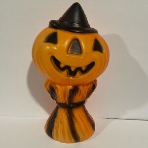 Vintage Halloween Blow Mold Pumpkin Witch on Haystack Empire Plastics 1969